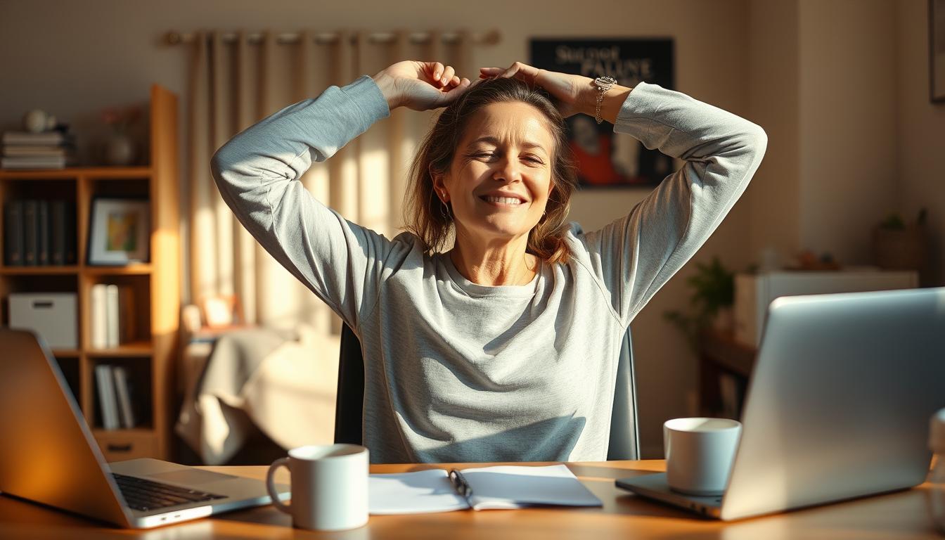 mom stretches during work